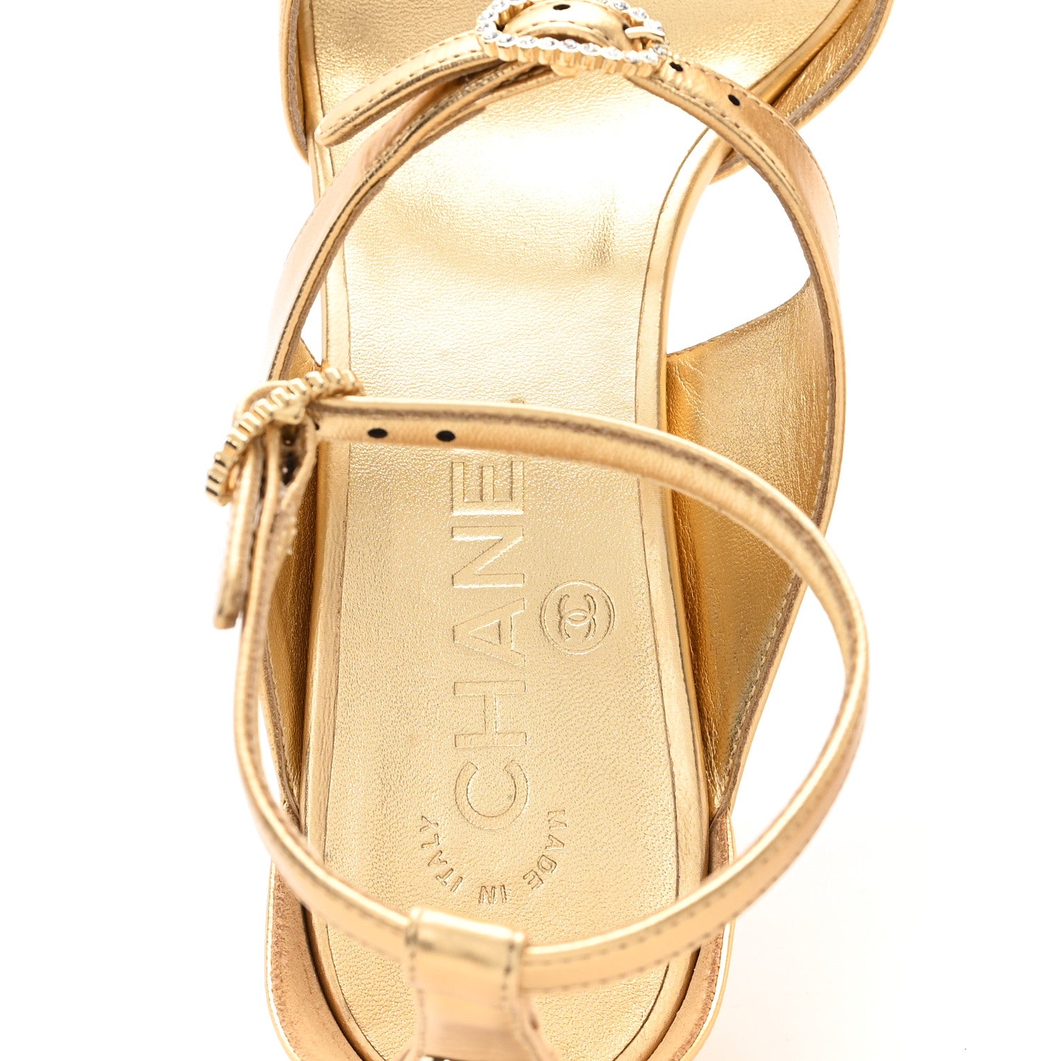 Chanel Metallic Lambskin Crystal CC Strappy Sandal 39 Gold 1796522
