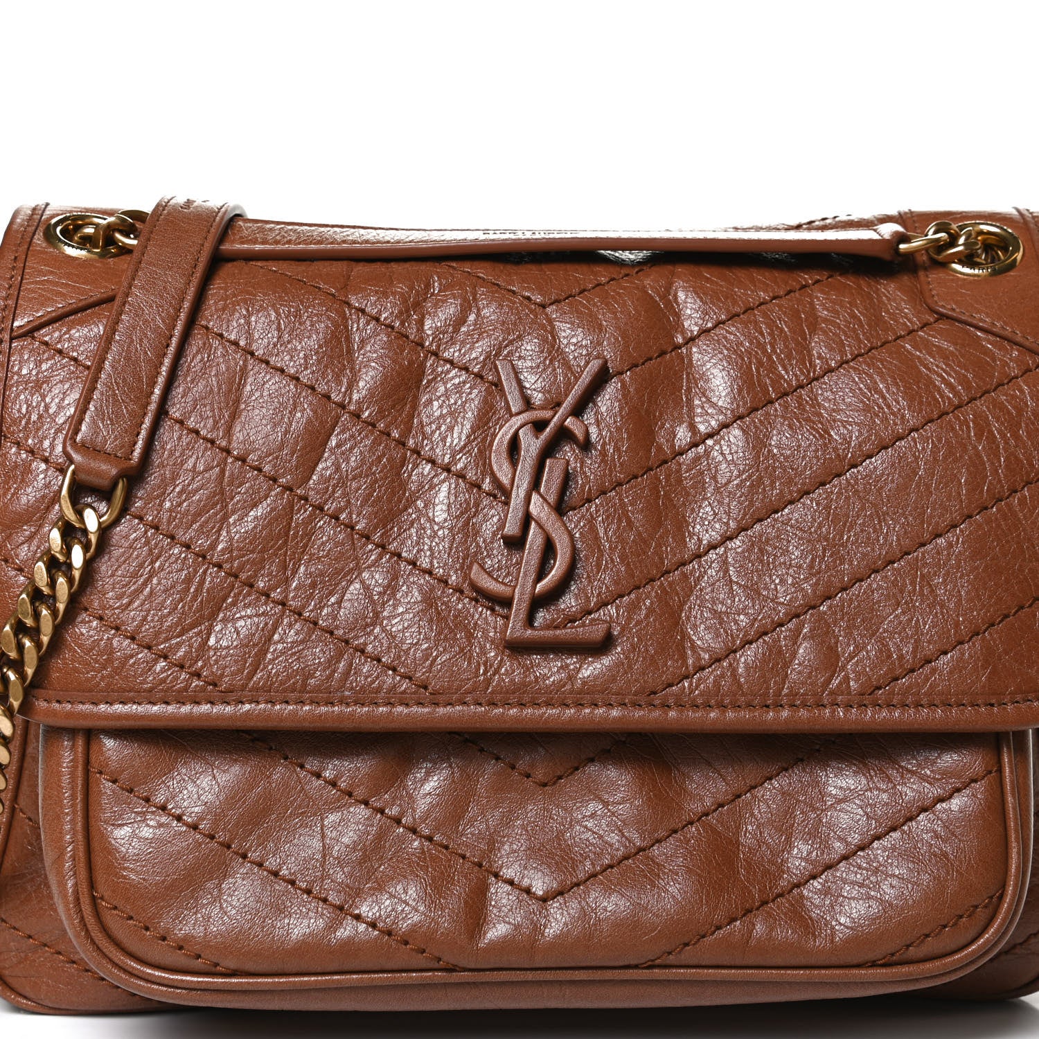 Saint Laurent Crinkled Calfskin Matelasse Monogram Medium Niki Chain Satchel Caramel 8 of 10
