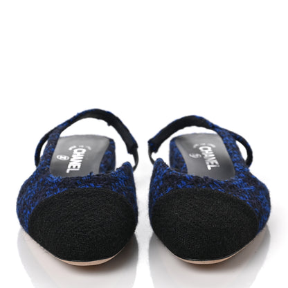 Chanel Tweed Cap Toe Slingback Flats 39 Blue Black 2 of 8