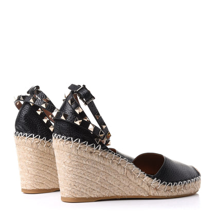 Valentino Garavani Grained Calfskin Rockstud Ankle Wrap Espadrille 15/85mm Wedges 37 Black Light Cuir 4 of 10
