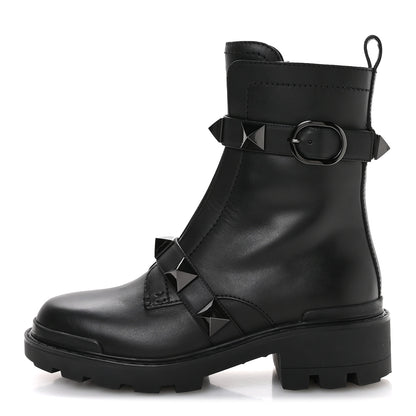 Valentino Garavani Calfskin Tonal Roman Stud Combat Boots 36 Black 1 of 9