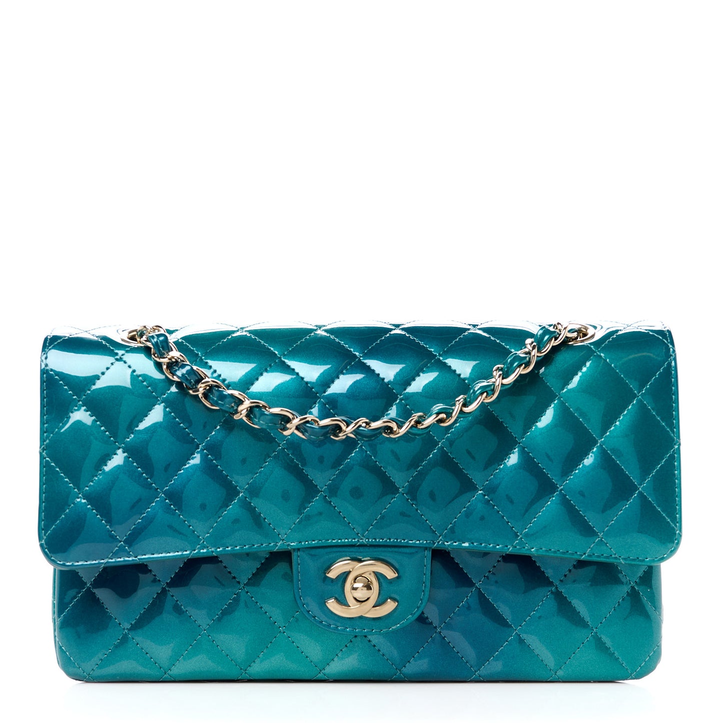 Shaded Patent Calfskin Quilted Medium Double Flap Green Blue