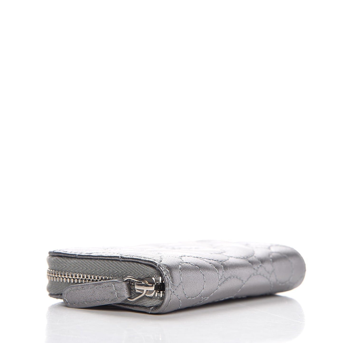 Metallic Lambskin Camellia Embossed Zip Coin Purse Grey