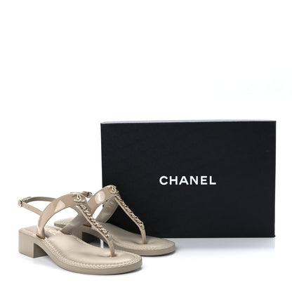 Chanel Lambskin Patent Chain CC Logo Thong Sandals 35.5 Beige 9 of 9