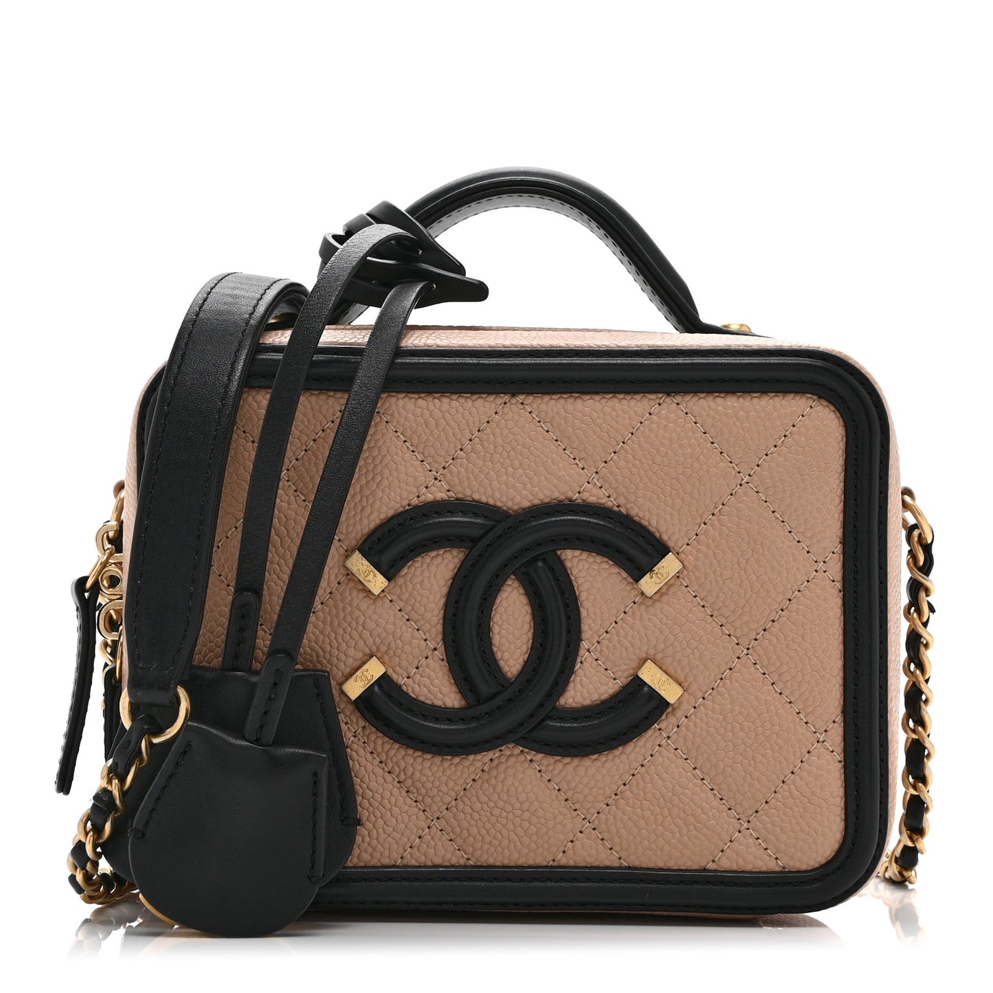 Caviar Quilted Small CC Filigree Vanity Case Beige Black