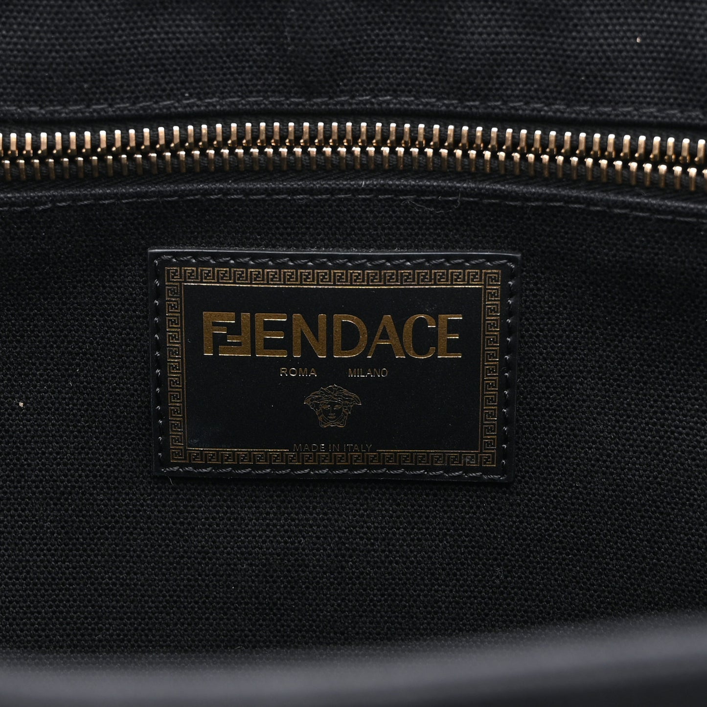 X VERSACE Cotton Canvas Cuoio Romano Fendace Logo Embroidered Signature Shopping Tote Black Gold