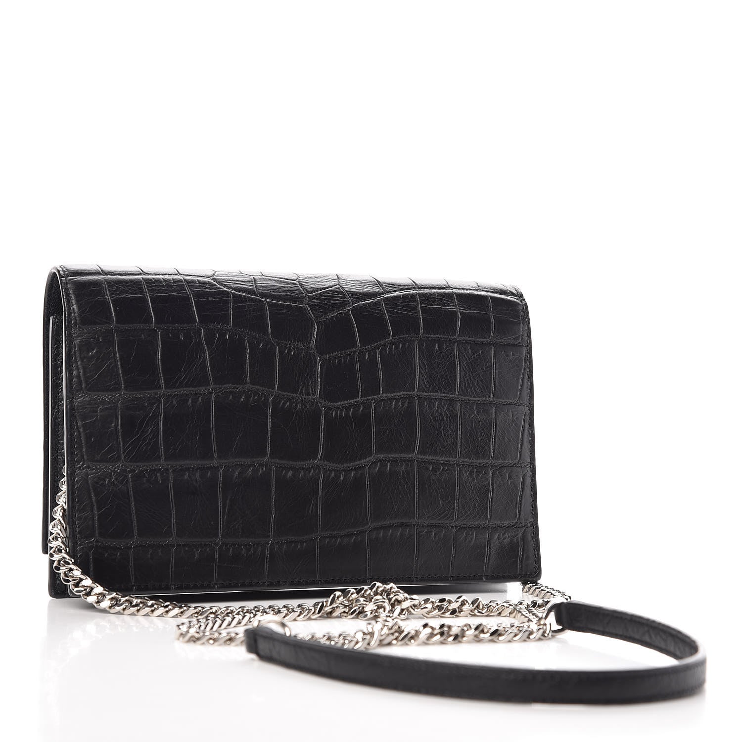 Saint Laurent Calfskin Crocodile Embossed Kate Monogram Tassel Chain Wallet Black 3 of 10