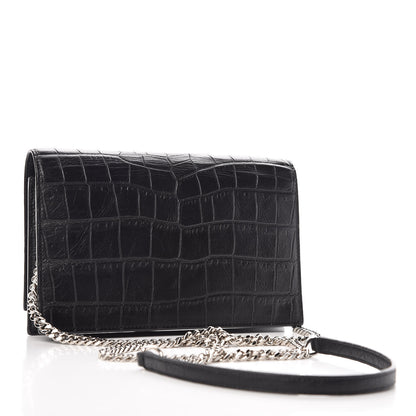 Saint Laurent Calfskin Crocodile Embossed Kate Monogram Tassel Chain Wallet Black 3 of 10