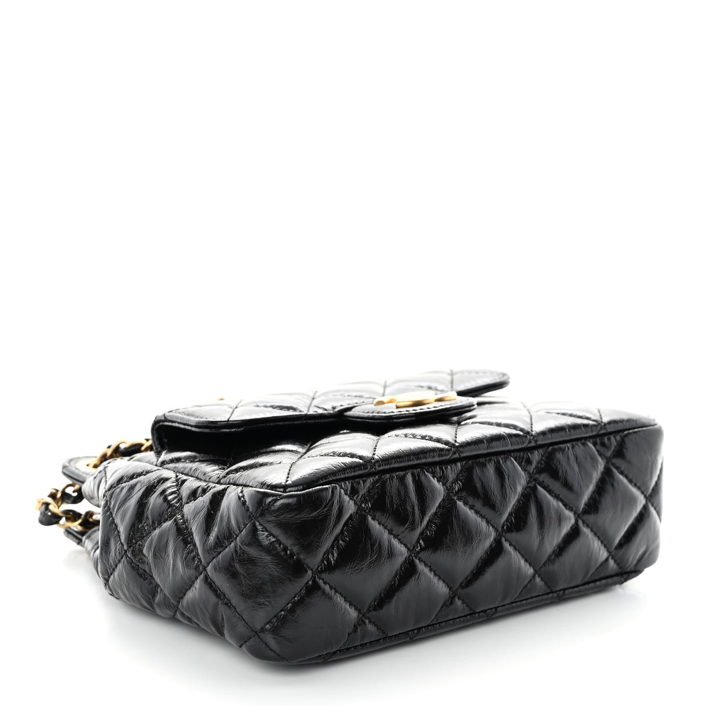 Shiny Crumpled Calfskin Quilted Small Wavy CC Hobo Black