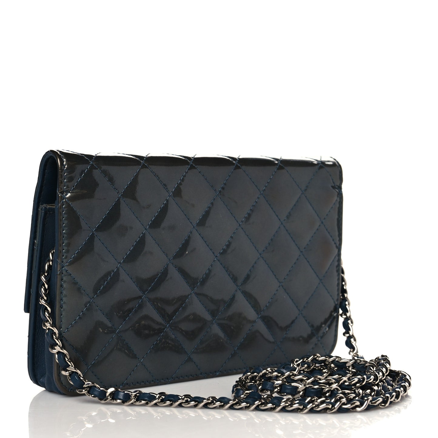 Patent Quilted Brilliant Wallet On Chain WOC Blue