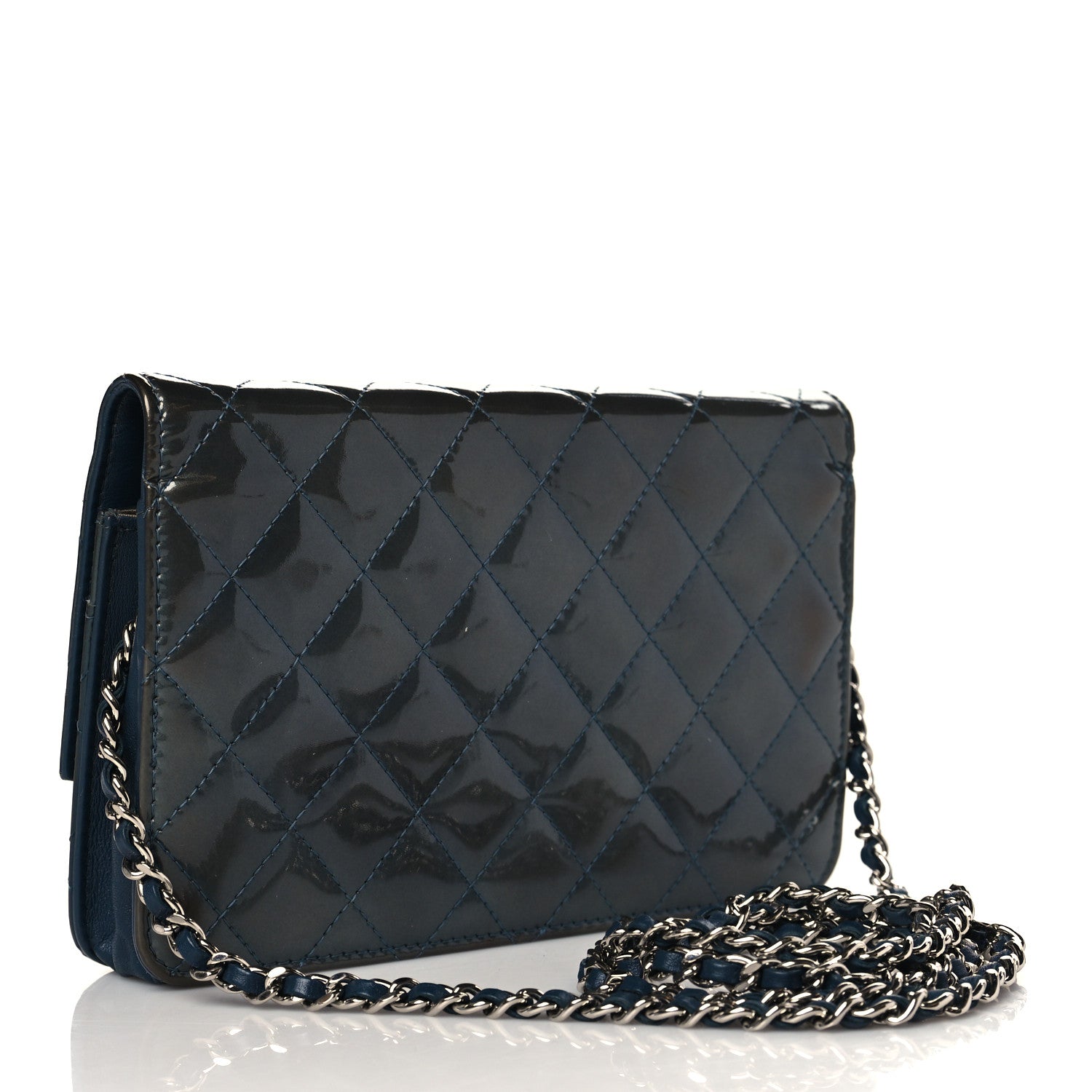Chanel Patent Quilted Brilliant Wallet On Chain WOC Blue 3 of 14