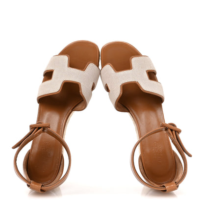Hermes H Canvas Goatskin Elda Espadrille Wedge Sandals 36 Noisette Natural 2 of 8
