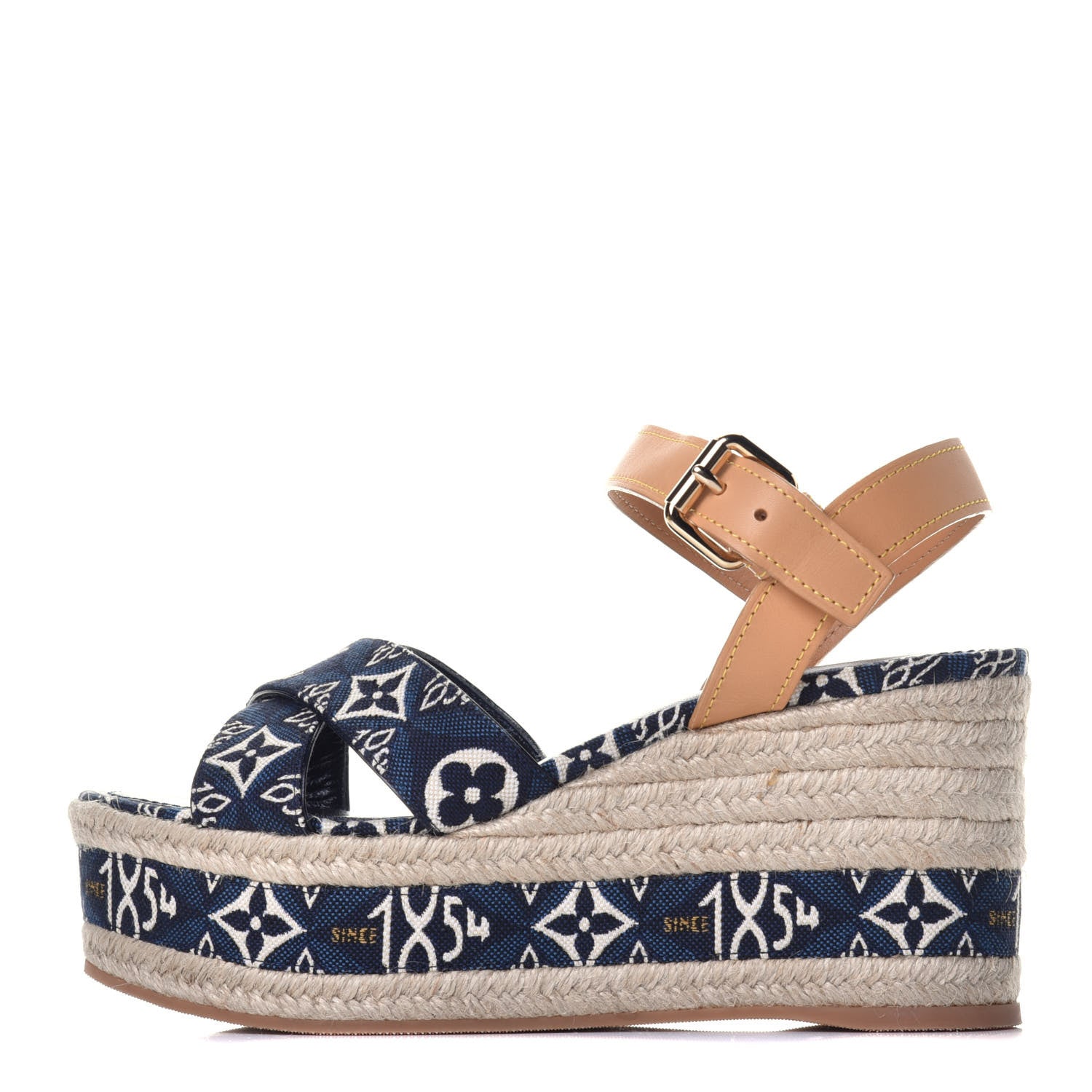 Louis Vuitton Jacquard Calfskin Since 1854 Boundary Wedge Sandals 37.5 Blue 1 of 9
