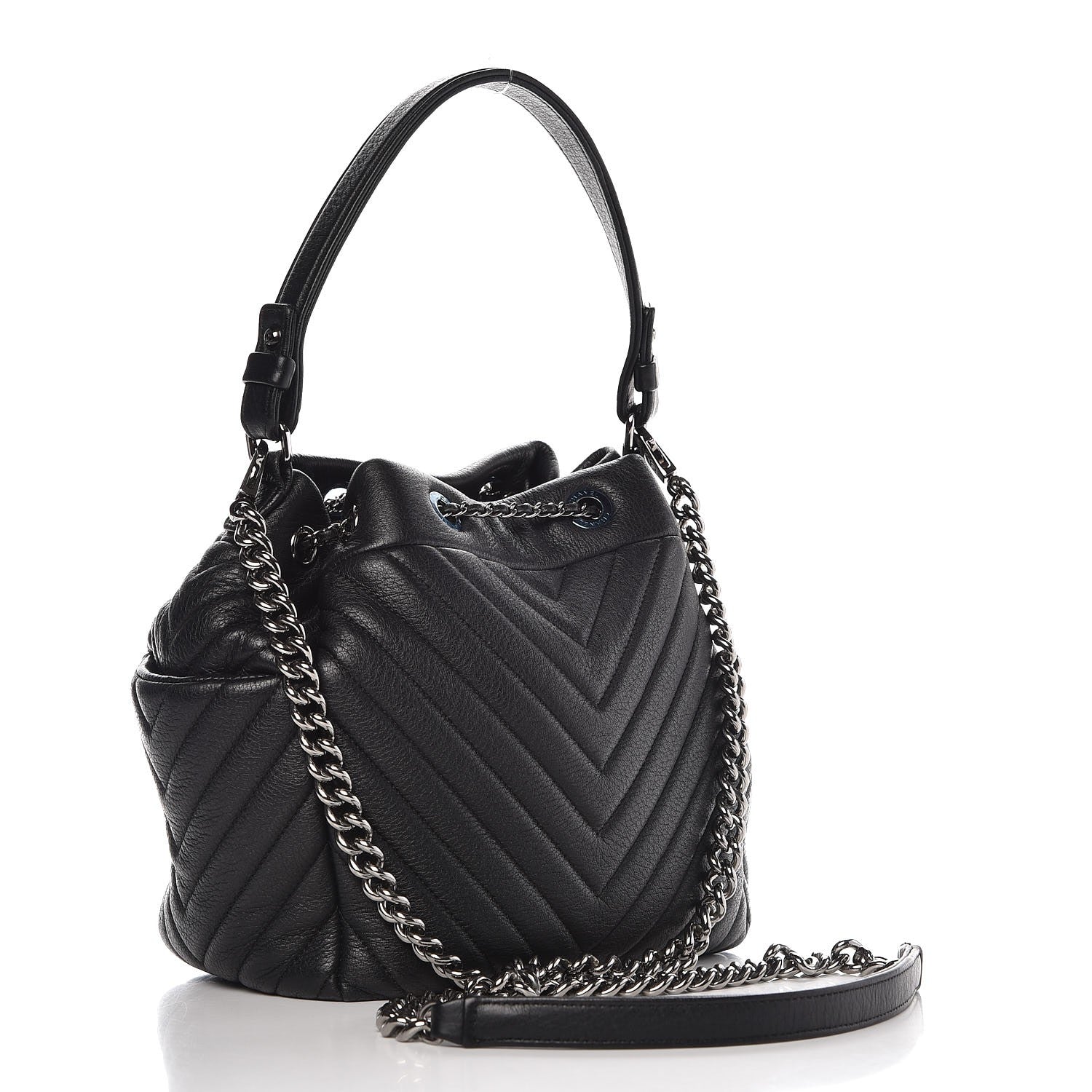 Chanel Deerskin Chevron Small CC Chain Bucket Bag Black 3 of 7