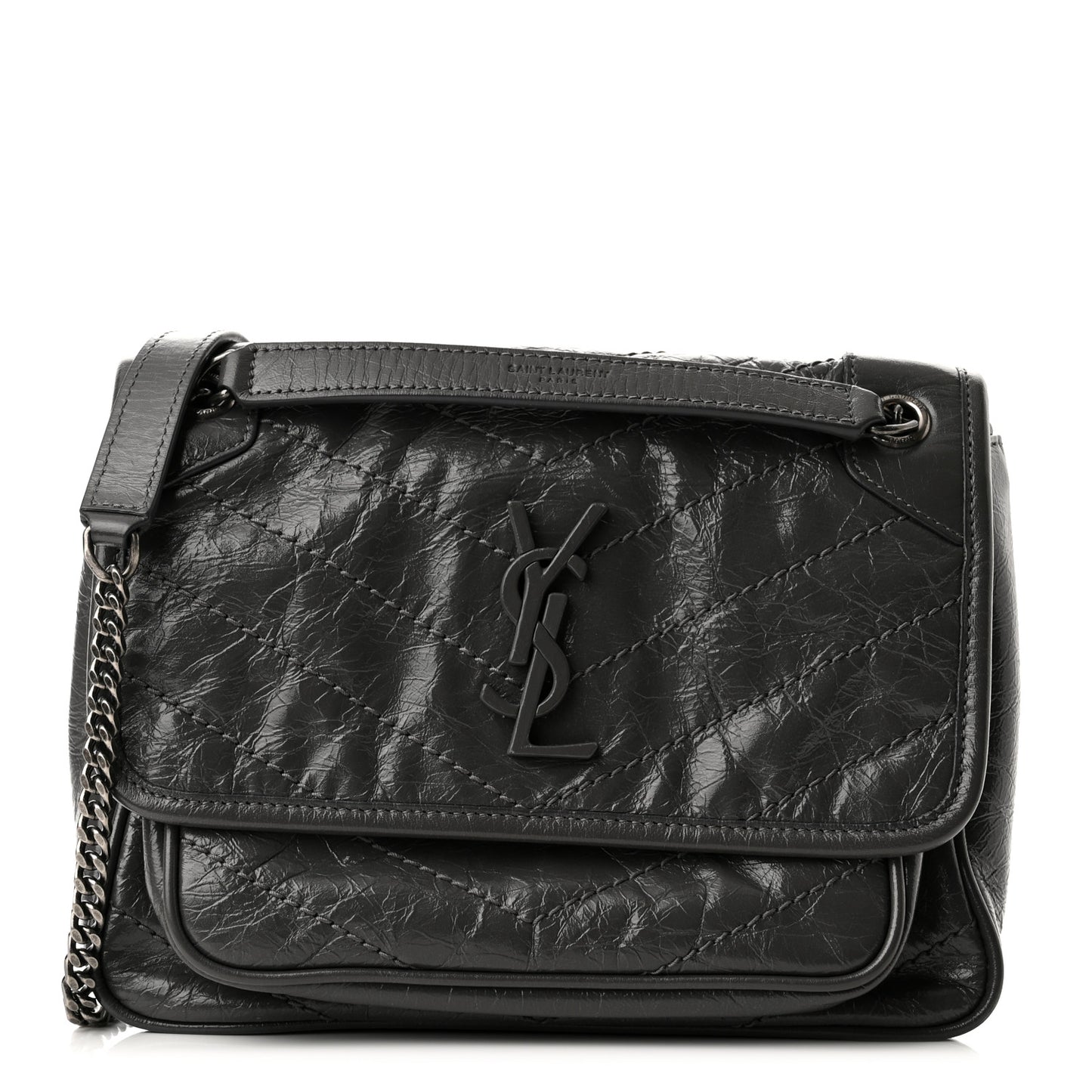 Crinkled Calfskin Matelasse Monogram Baby Niki Chain Satchel Storm