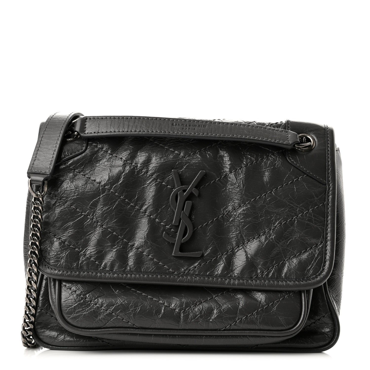 Saint Laurent Crinkled Calfskin Matelasse Monogram Baby Niki Chain Satchel Storm 1 of 10