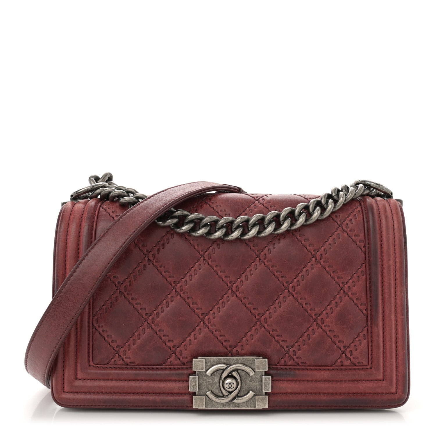 Chanel Calfskin Quilted Double Stitched Medium Boy Flap Burgundy 1 of 11