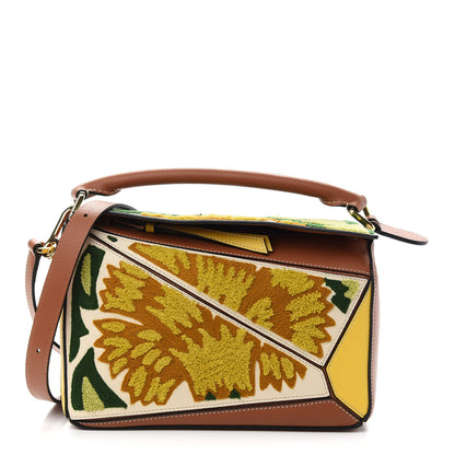 Loewe Calfskin Embroidered Floral Small Puzzle Bag Tan Yellow 1 of 8