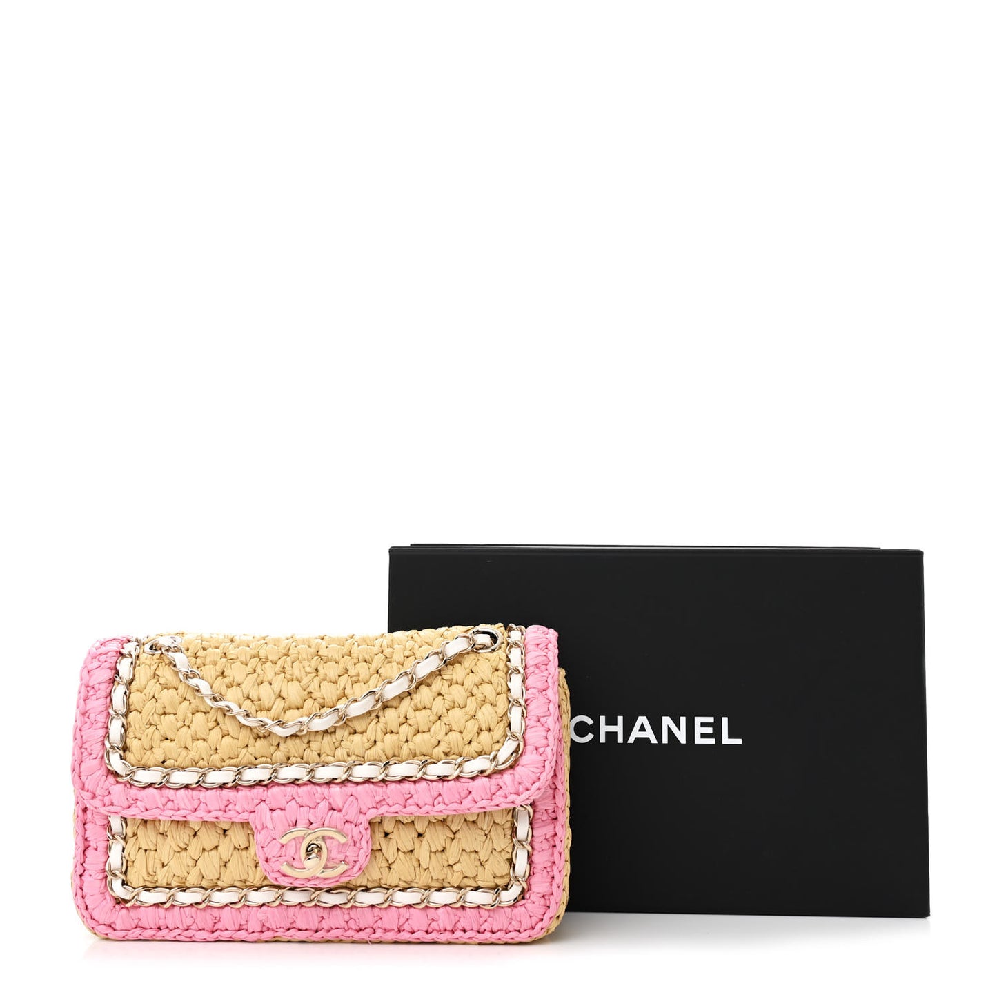 Raffia Chain Venice Beach Flap Bag Beige Pink