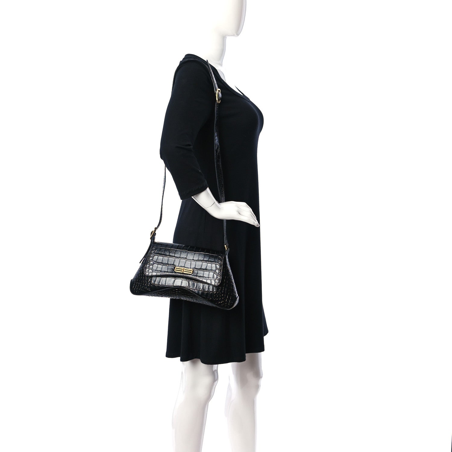 Balenciaga Shiny Super Supple Calfskin Crocodile Embossed Medium XX Flap Bag Black 3 of 9