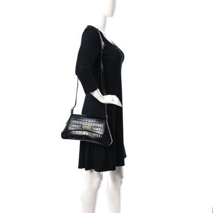 Balenciaga Shiny Super Supple Calfskin Crocodile Embossed Medium XX Flap Bag Black 3 of 9