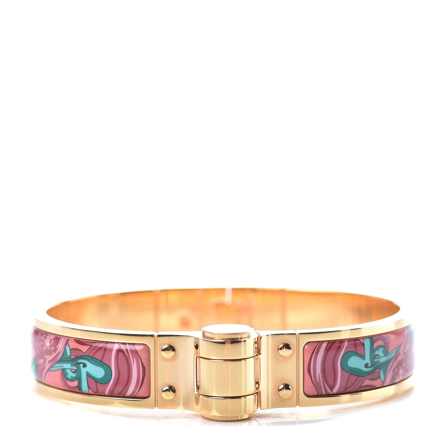 Hermes Enamel Printed Narrow Charniere Brides De Gala Hinged Bracelet S Rose Couture 1 of 5
