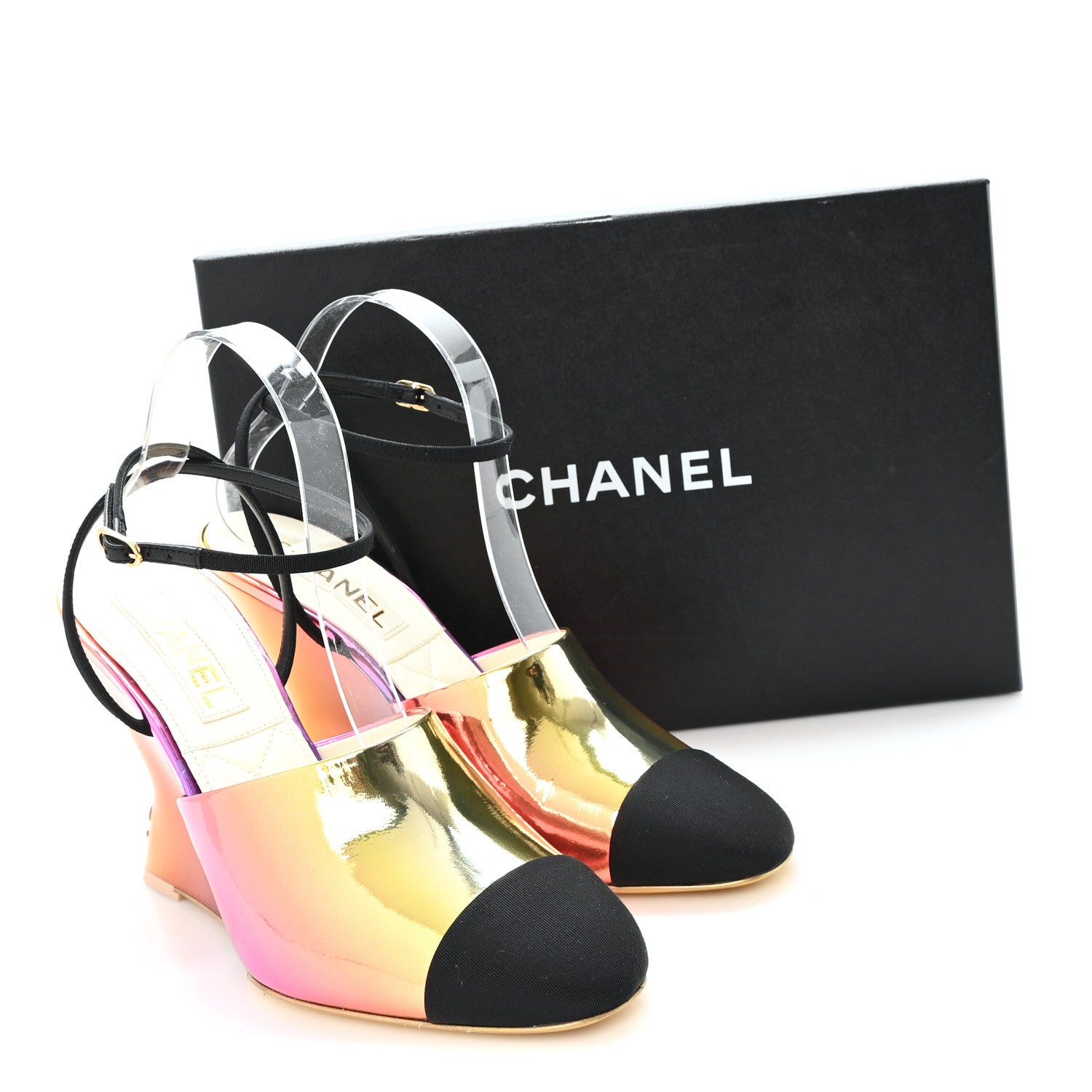 Chanel Laminated Calfskin Grosgrain Cap Toe CC Wedge Pumps 40 Pink Orange Yellow Black 10 of 10