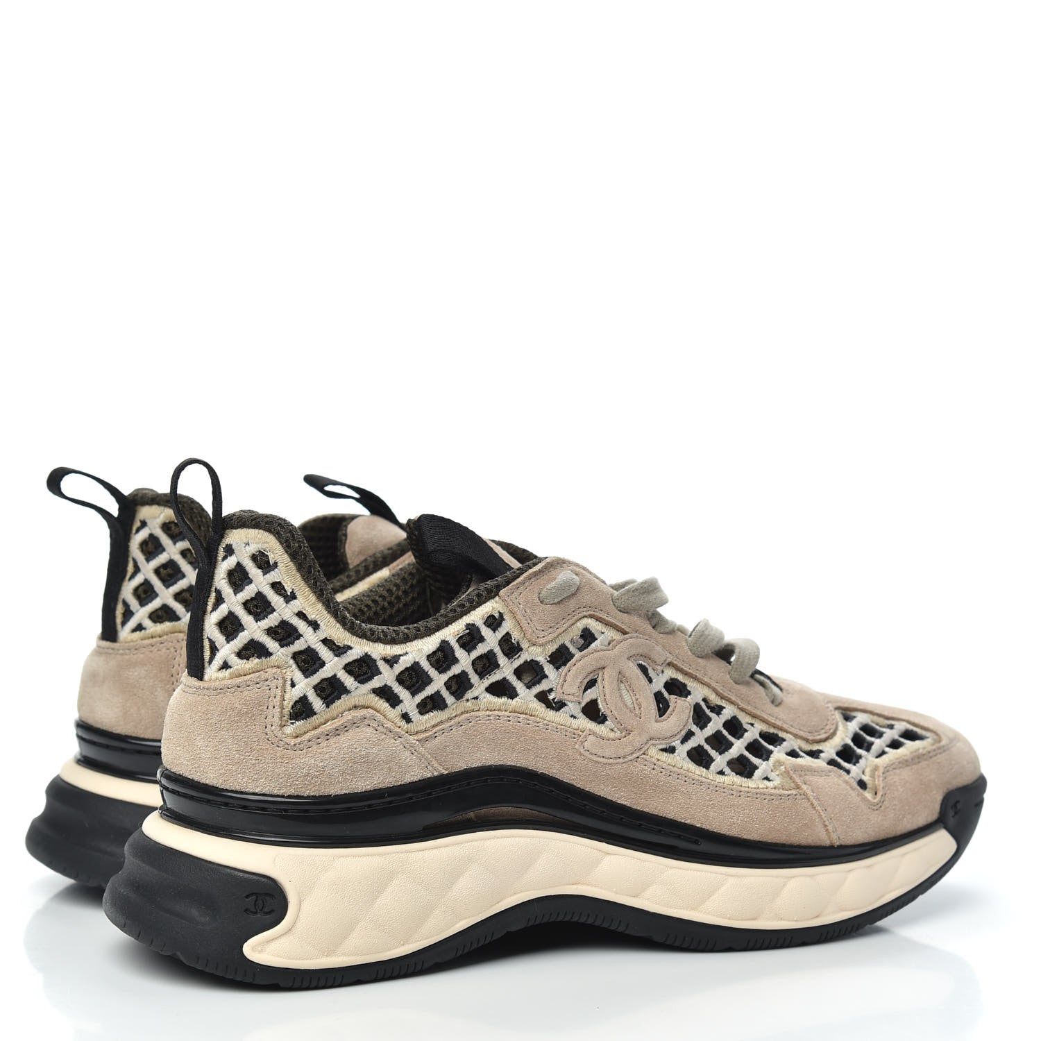 Chanel Suede Calfskin Embroidered CC Sneakers 38 Beige Black 4 of 9