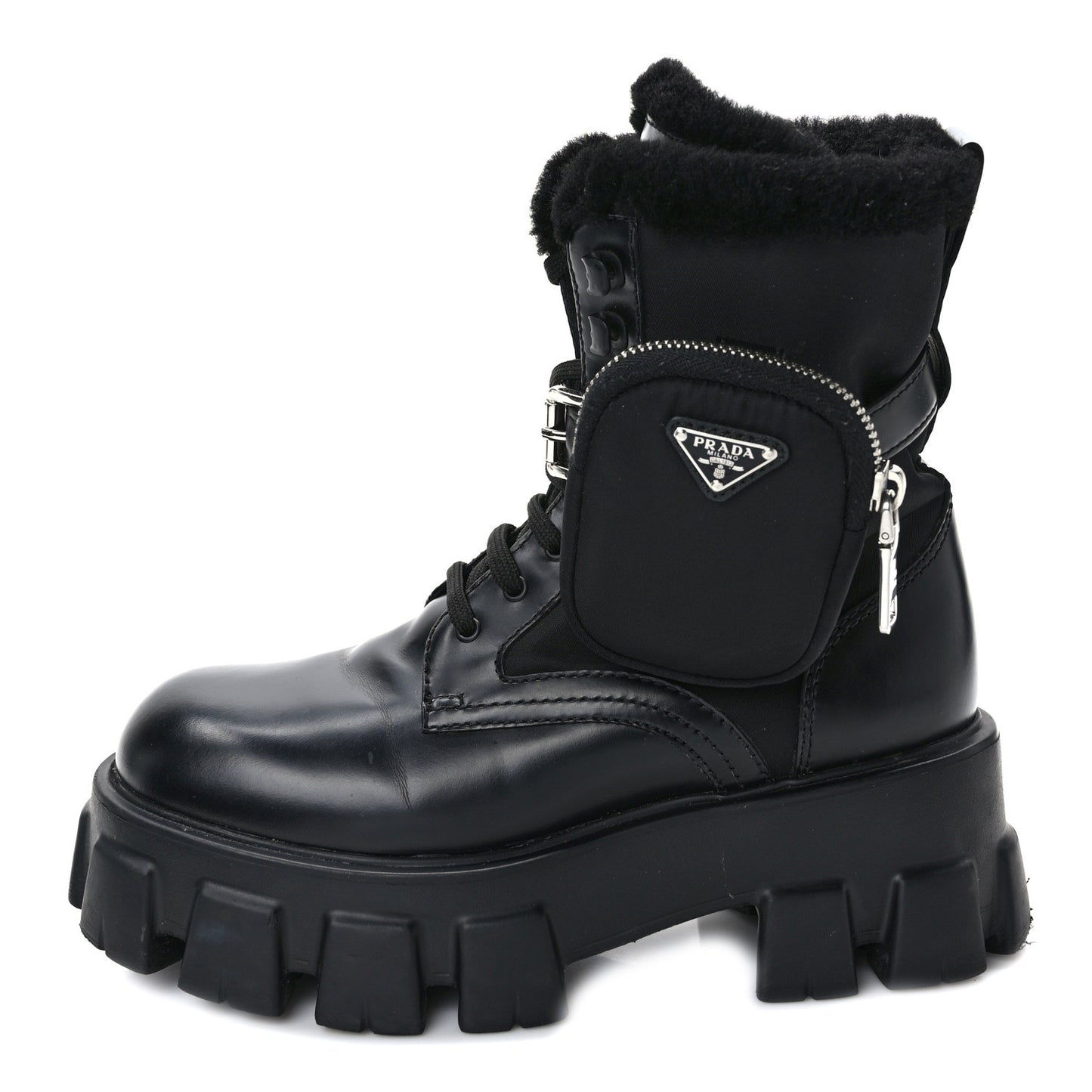 Spazzolato Rois Nylon Shearling Metal Triangle Logo Monolith Pouch Pocket 55mm Boots 36.5 Black