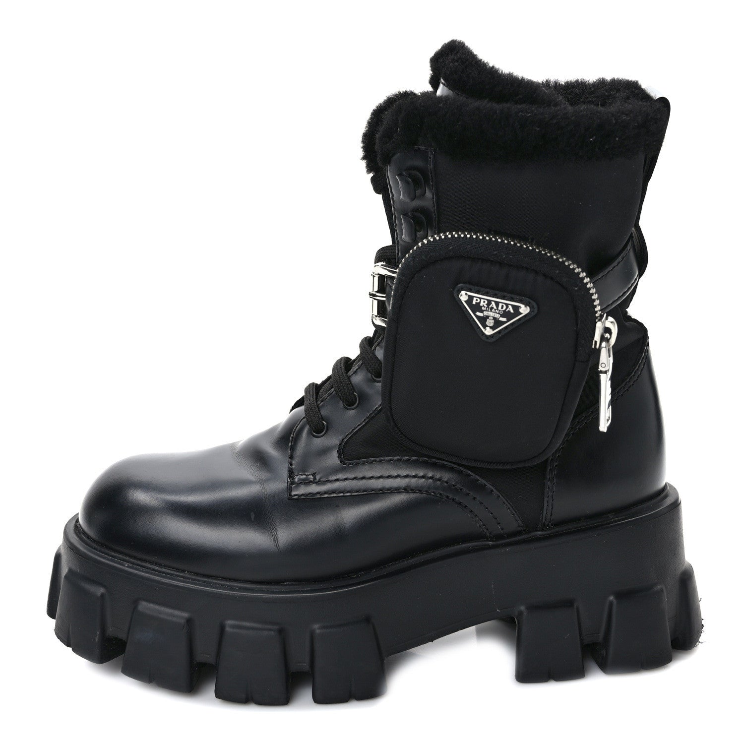 Prada Spazzolato Rois Nylon Shearling Metal Triangle Logo Monolith Pouch Pocket 55mm Boots 36.5 Black 1 of 11