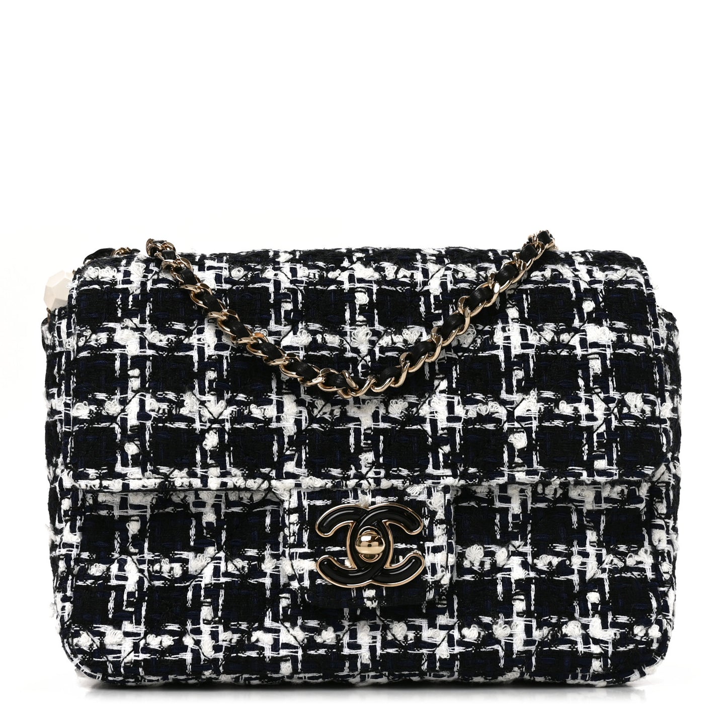 Tweed Resin Quilted Mini Heart Square Flap Navy White Black