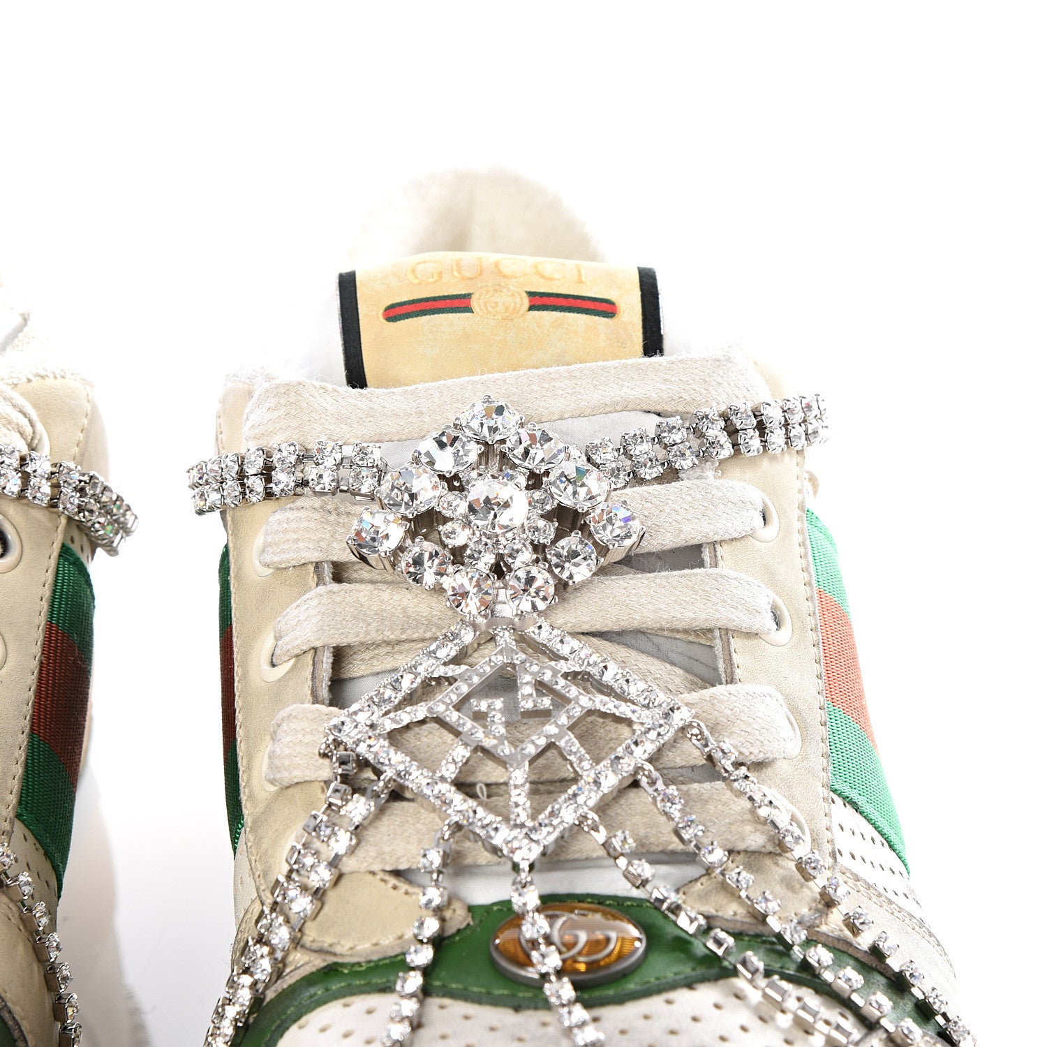 Gucci Nubuck Calfskin Web Removable Crystals Mens Screener Sneakers 8 Dusty Milk New Mystic White 6 of 12