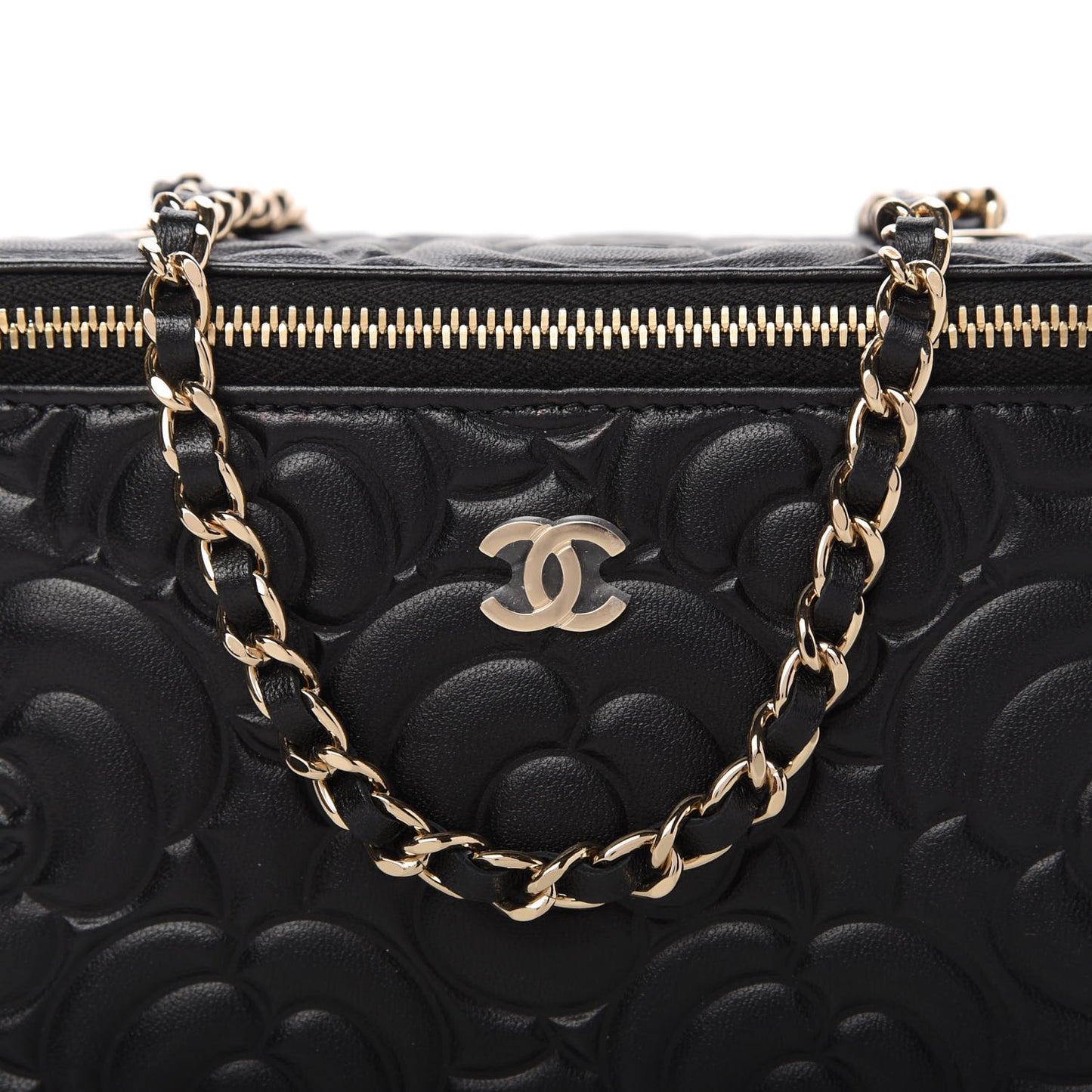 Lambskin Camellia Embossed Small Vanity Case With Chain Black