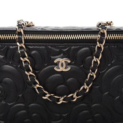 Chanel Lambskin Camellia Embossed Small Vanity Case With Chain Black 10 of 11