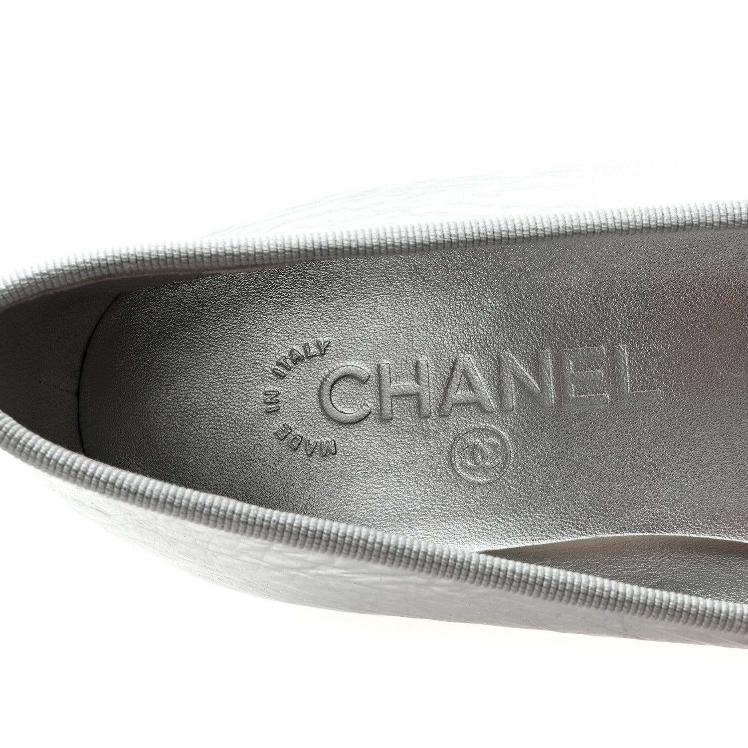 Chanel Laminated Crumpled Lambskin Grosgrain Cap Toe CC Ballerina Flats 40 Silver Black 8 of 10