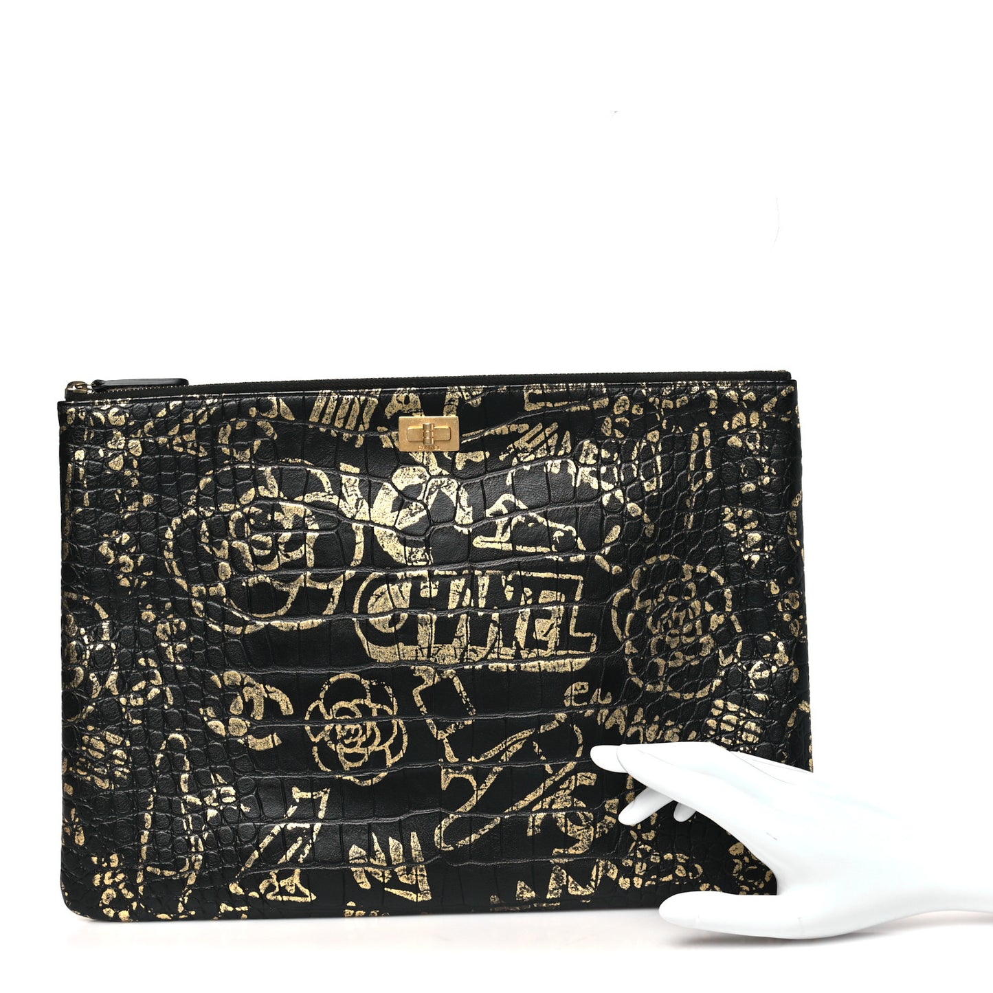 Calfskin Crocodile Embossed Graffiti 2.55 Large Cocodile Reissue Cosmetic Case Black Gold