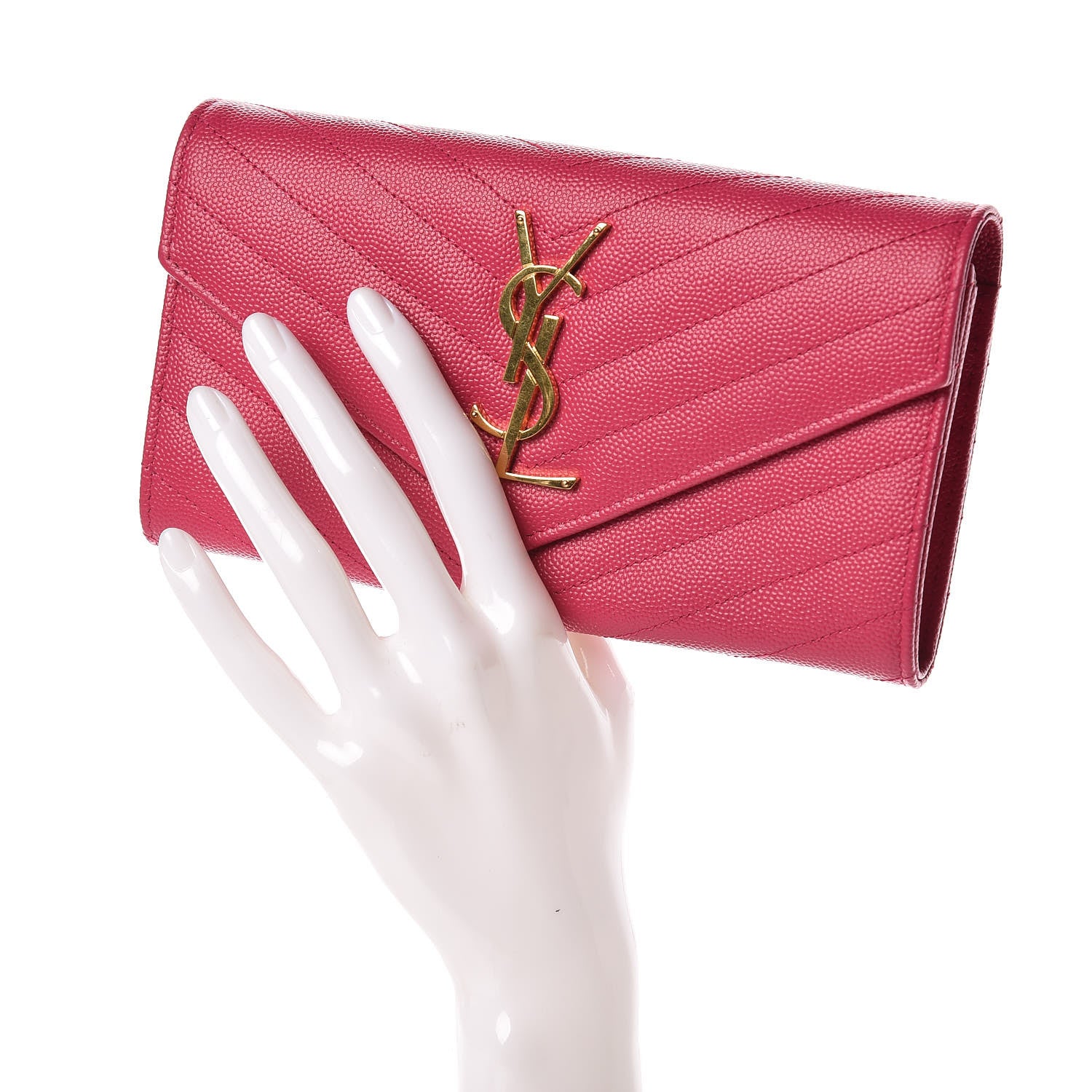 Saint Laurent Grain De Poudre Matelasse Chevron Monogram Flap Wallet Fuchsia 2 of 8