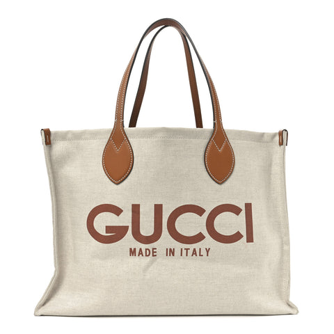 Canvas Calfskin Logo Print Large Tote Bag Brown