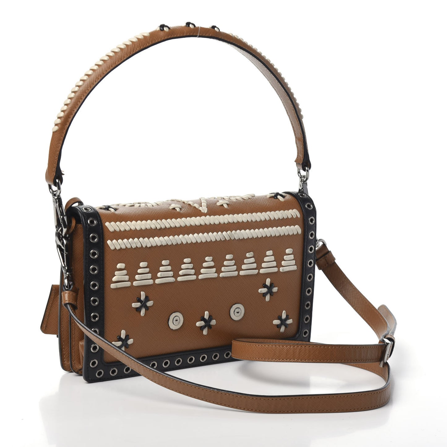 Saffiano Embroidered Pattina Sound Shoulder Bag Caramel