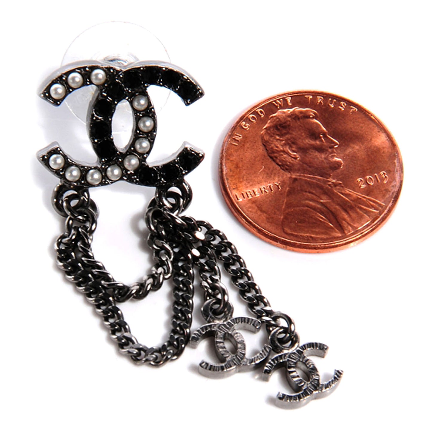 Pearl Beaded CC Chain Earrings Dark Silver