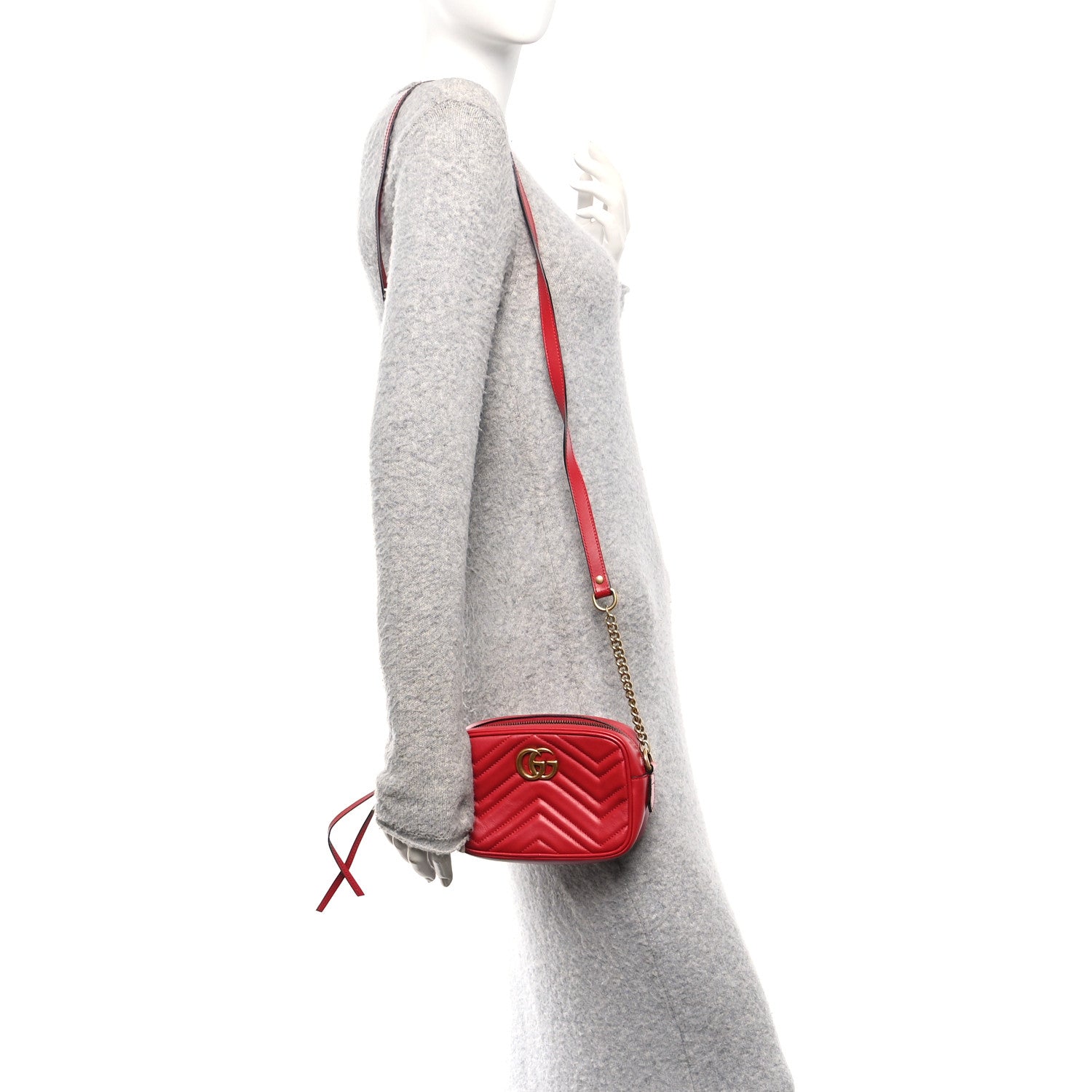 Gucci Calfskin Matelasse Mini GG Marmont Chain Shoulder Bag Hibiscus Red 2 of 10