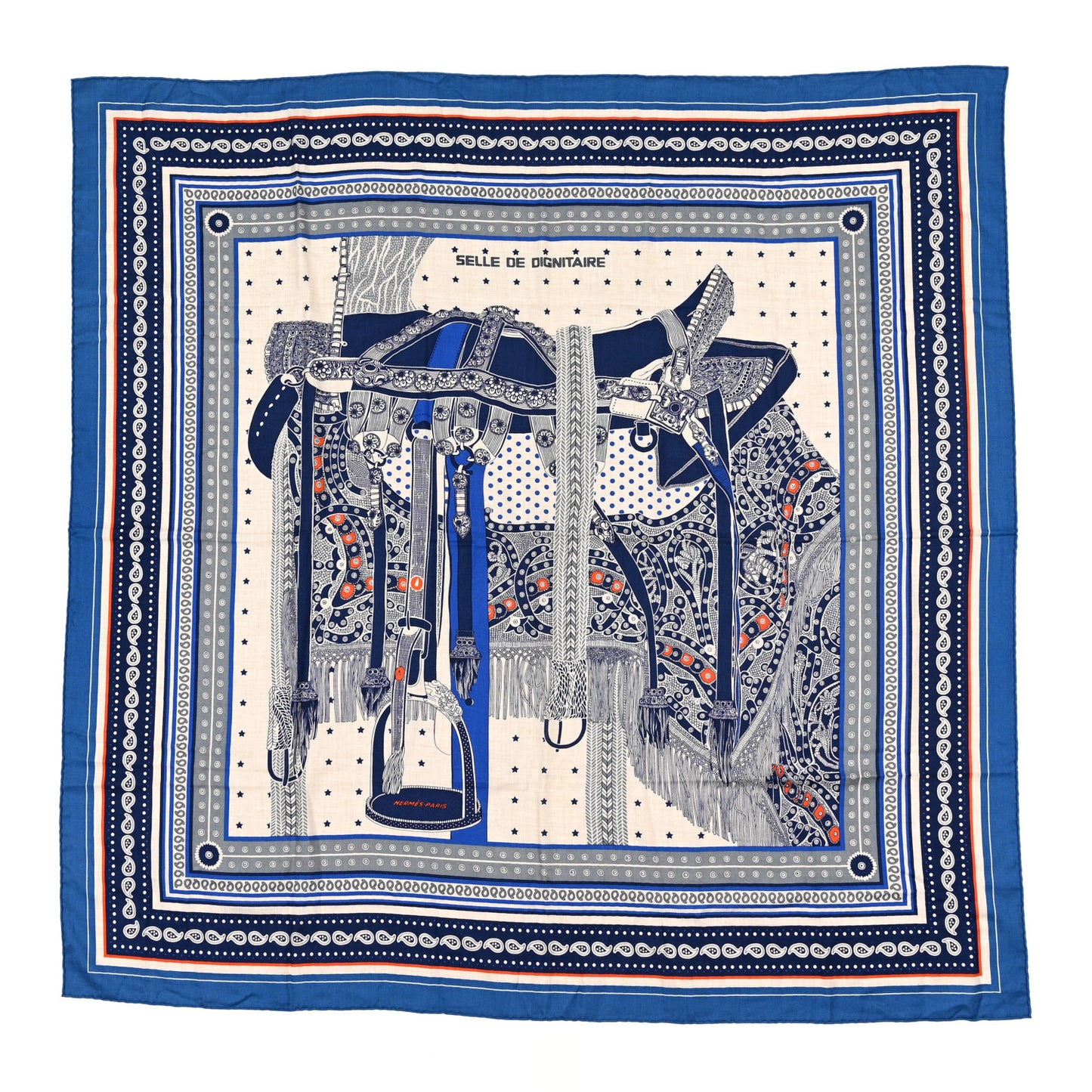 Cashmere Selle De Dignitaire Bandana Shawl 140 Bleu Royal Marine