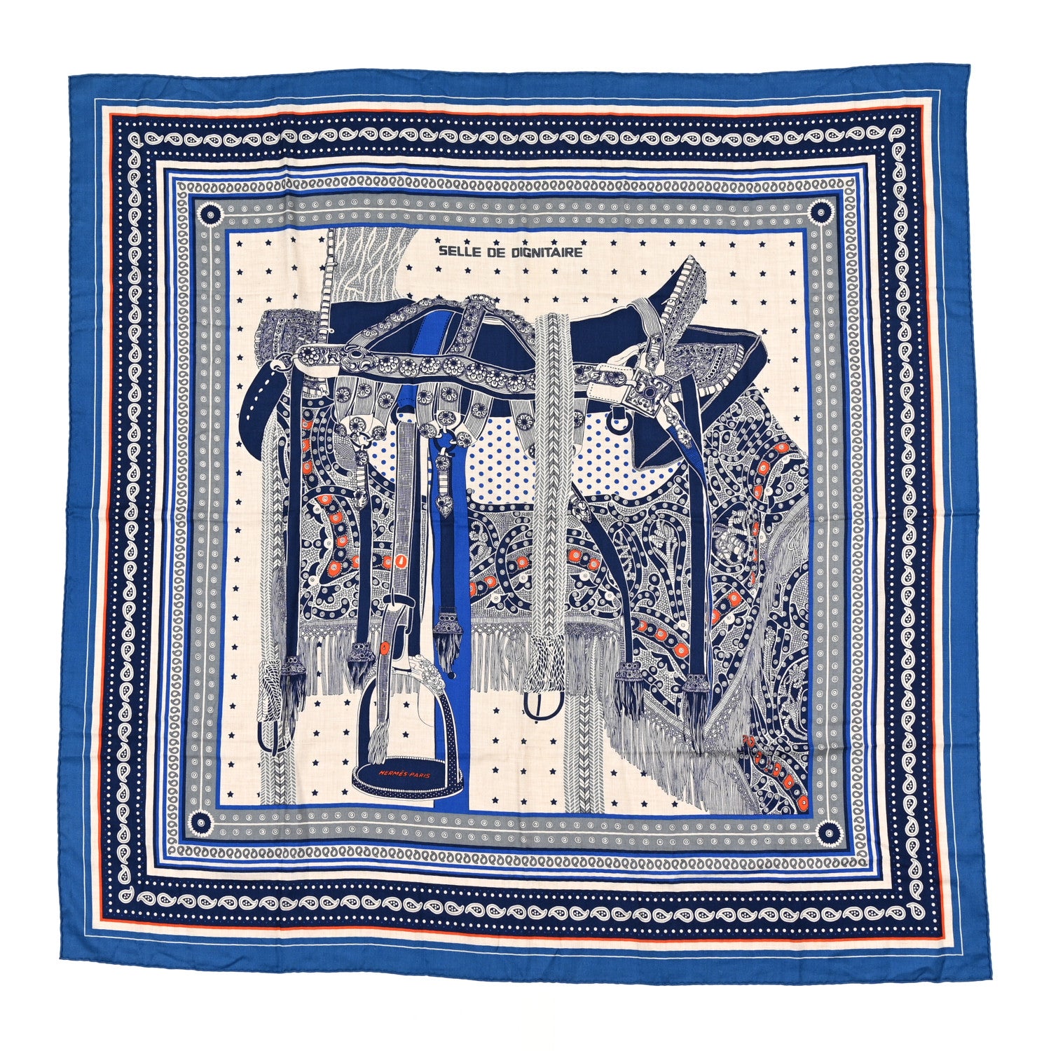 Hermes Cashmere Selle De Dignitaire Bandana Shawl 140 Bleu Royal Marine 1 of 4