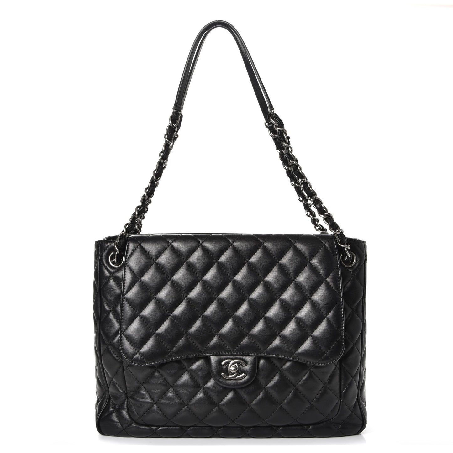 Lambskin Quilted Front Flap Tote Black