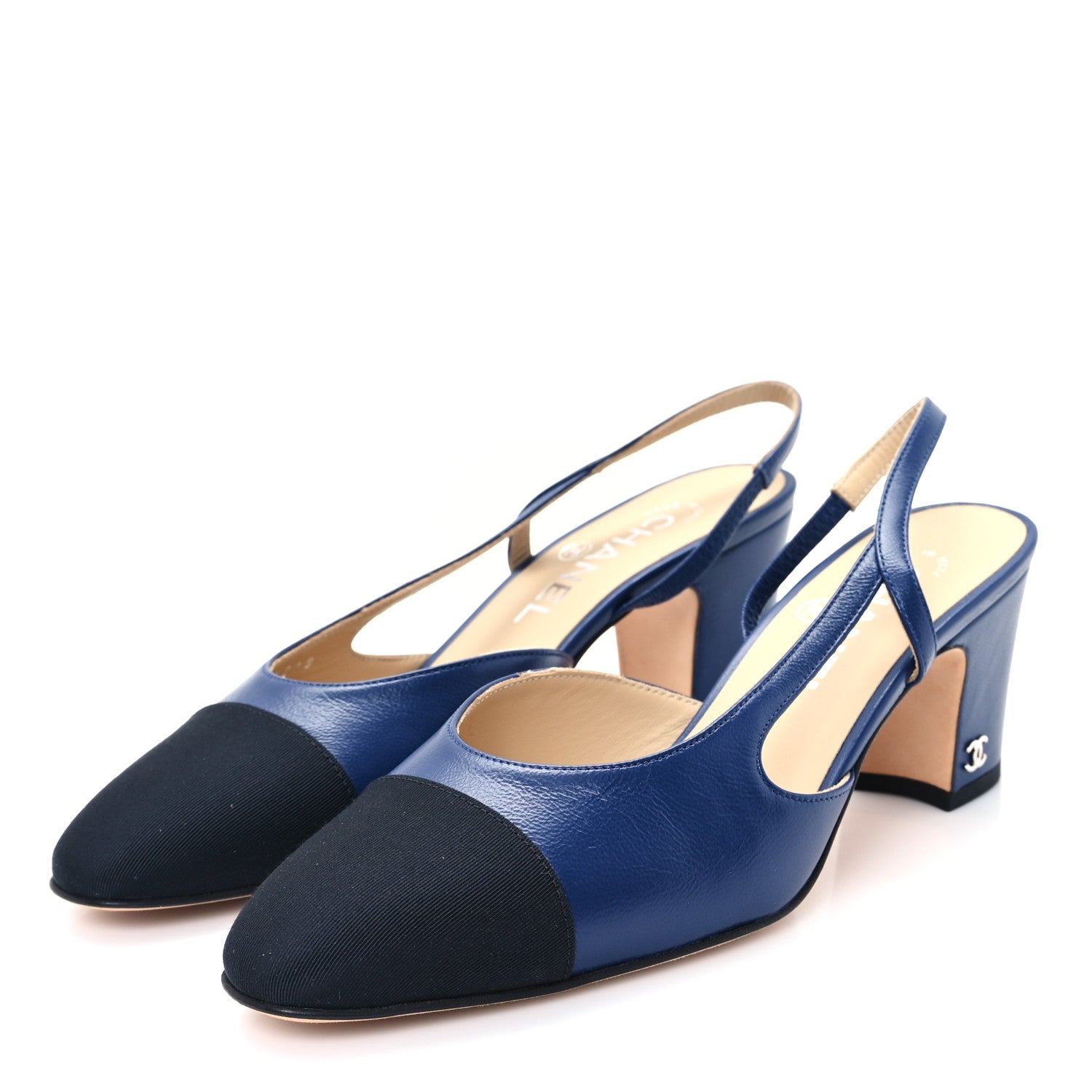 Chanel Goatskin Grosgrain Cap Toe CC Slingback Pumps 36.5 Navy Black 4 of 10