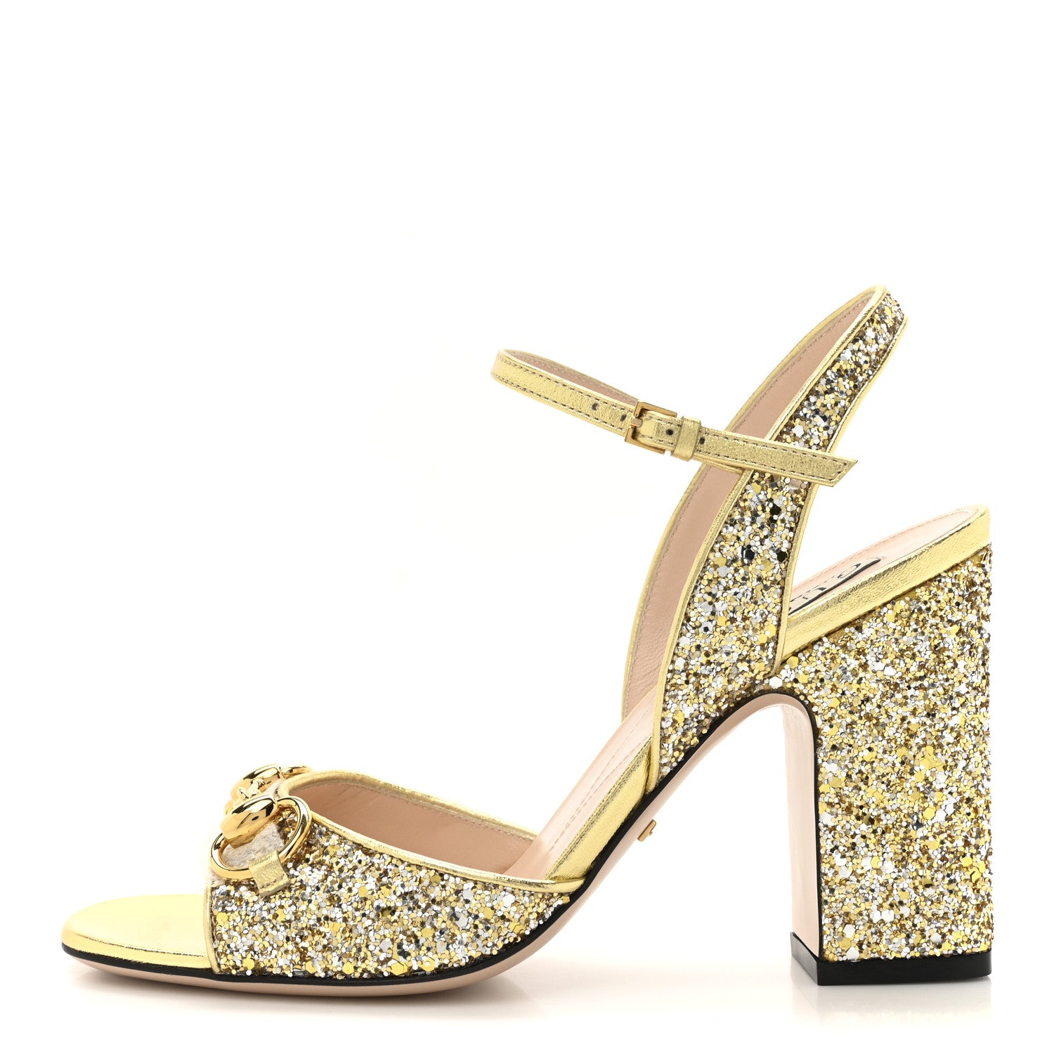 Gucci Cristal Nappa Silk Horsebit Ankle Strap Sandals 36 Platino 1 of 9