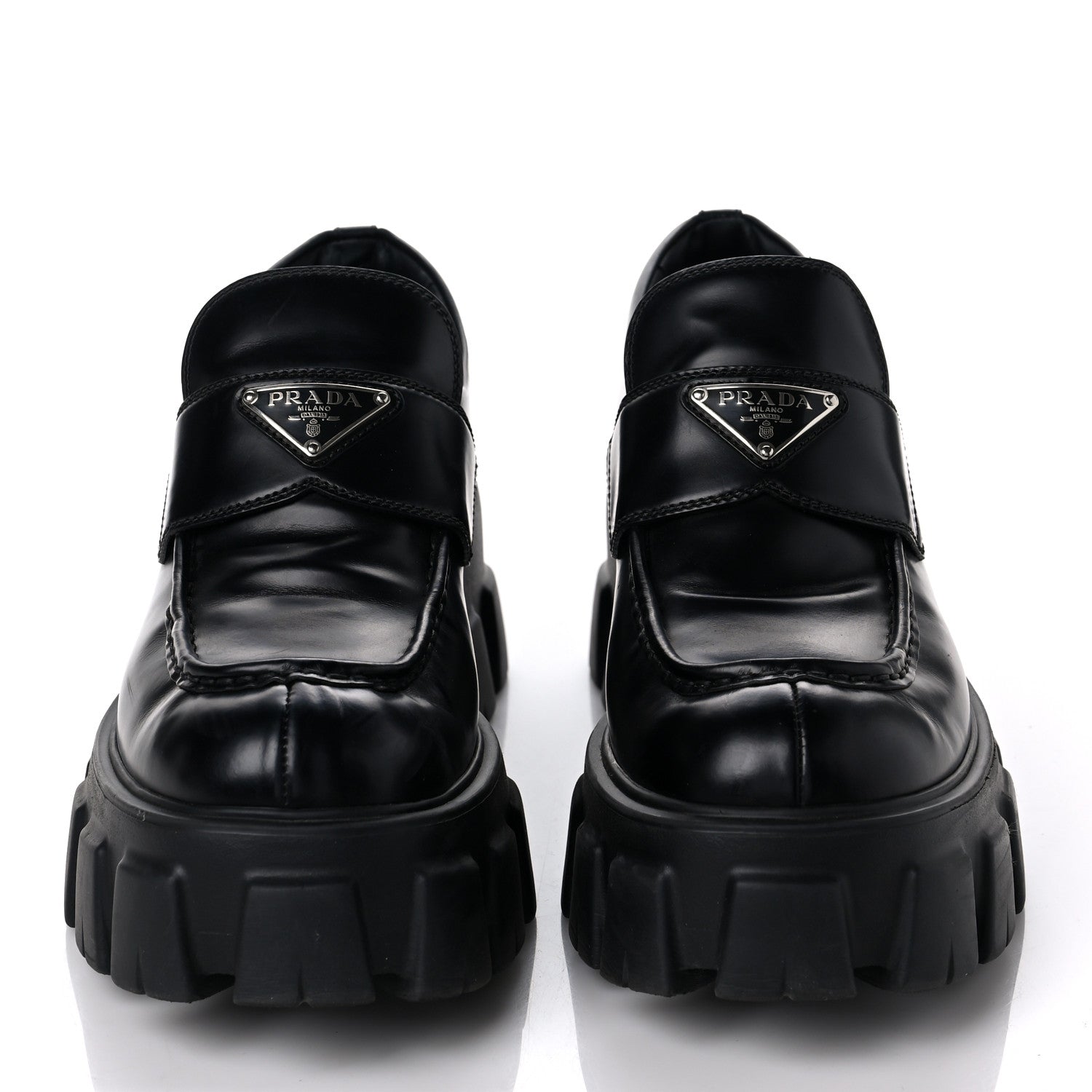Prada Spazzolato Rois Metal Triangle Logo Monolith 55mm Loafers 40 Black 2 of 10