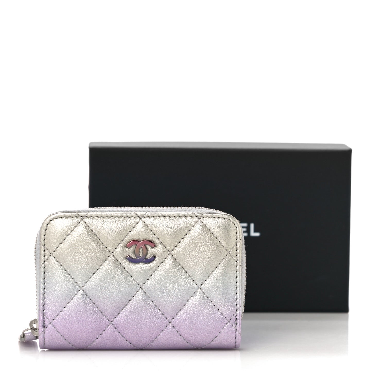 Gradient Metallic Calfskin Quilted Zip Around Coin Purse Wallet Silver Blue Yellow Purple