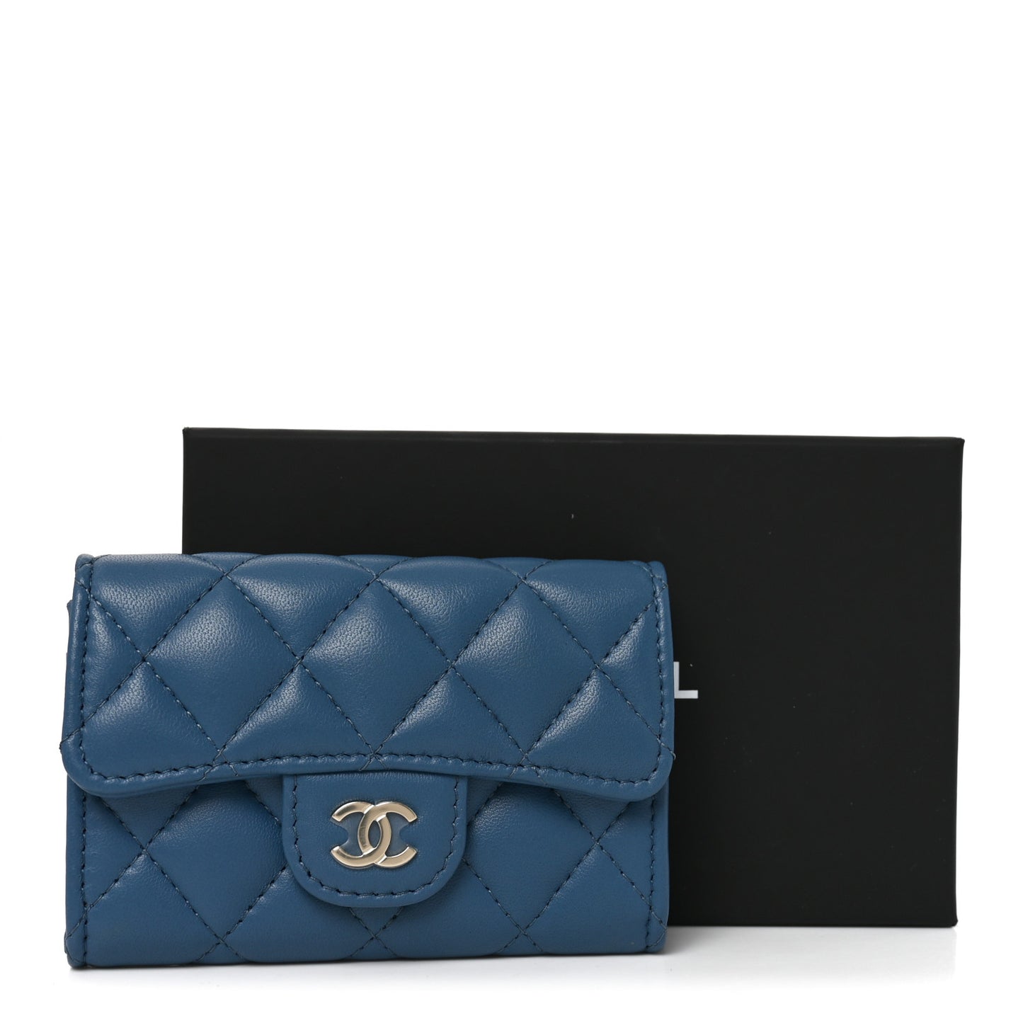 Lambskin Quilted Flap Card Holder Wallet Dark Blue
