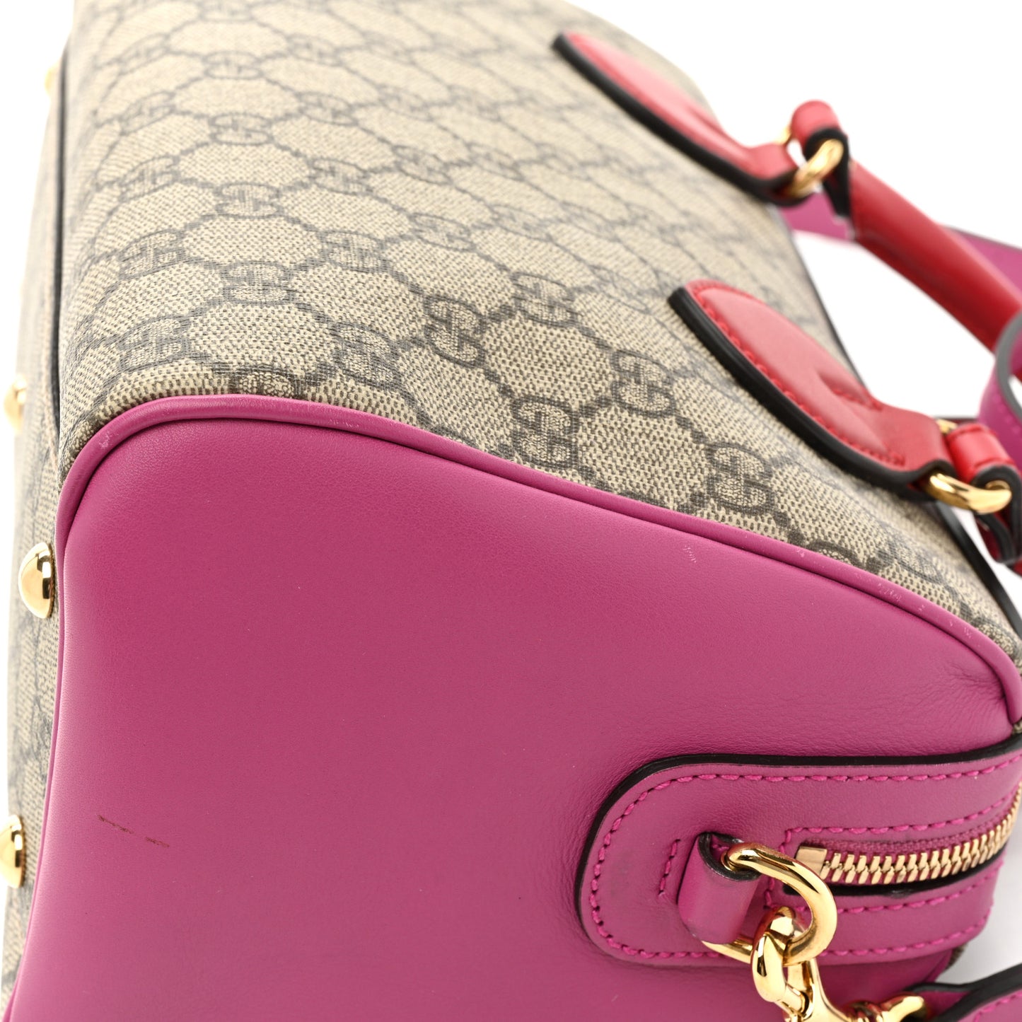 GG Supreme Monogram Moon Calfskin Small Boston Beige Ebony Hibiscus Red New Rosette